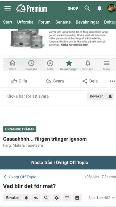 Skärmdump från ett svenskt onlineforum med inlägg, navigeringsfält och användargränssnitt för mobilenhet.