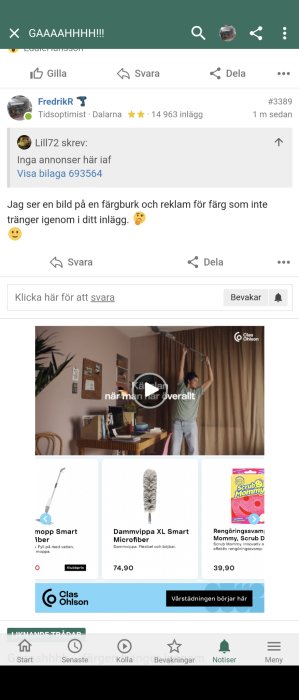 Skärmdump av en forumtråd med inlägg och en reklambild för städprodukter.