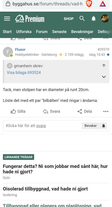 Skärmdump av ett foruminlägg på "byggahus.se" där användare diskuterar lösningar för byggprojekt.