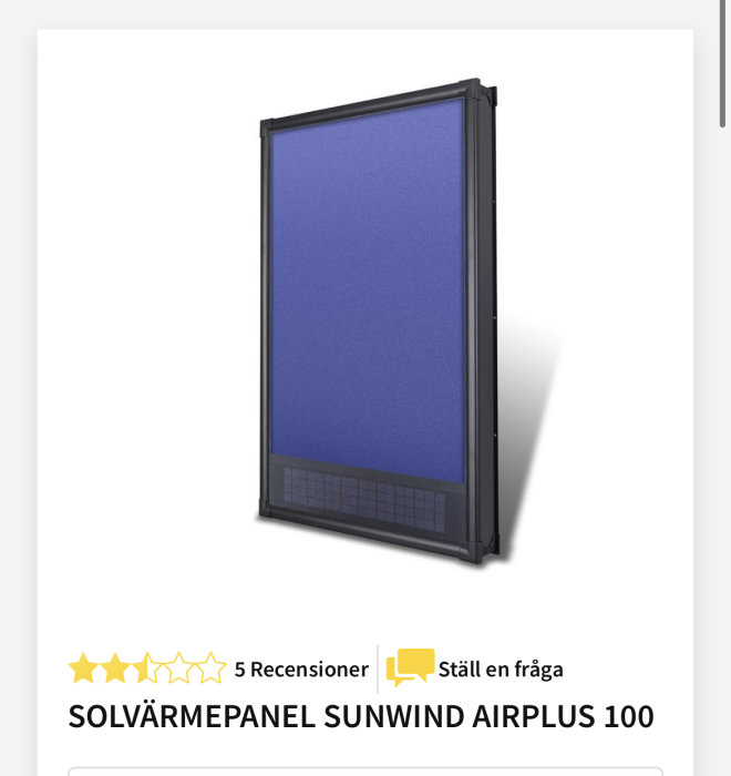 Solpanel för uppvärmning, recensioner synliga, svart ram, blå yta, produktinformation och stjärnbetyg.