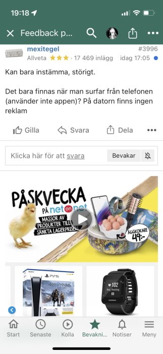 Skärmdump av webbforum med användarkommentar och påskrelaterad onlinebutiksreklam för produkter som elektronik och köksartiklar.