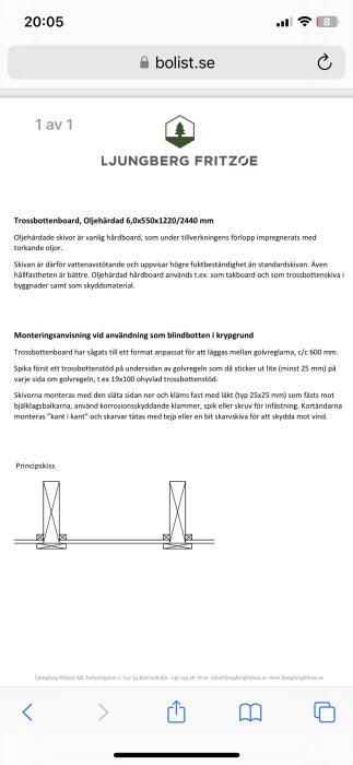 Webbsida med information om trossbottenboard, inkluderar monteringsanvisning och teknisk skiss.