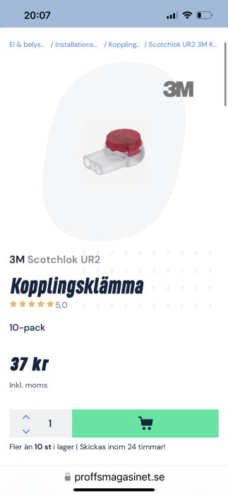 Produktbild på webbsida visar en röd 3M Scotchlok UR2 kopplingsklämma, 10-pack säljs för 37 kr.