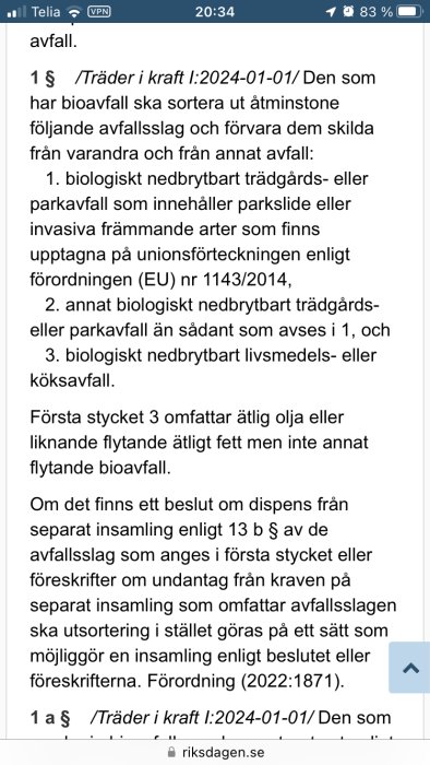 Skärmdump av text om avfallssortering gällande biologiskt nedbrytbart material, tillämpas från 2024.