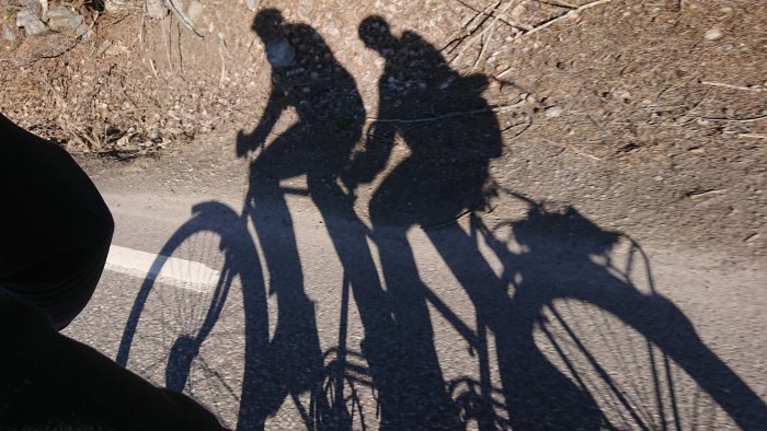 Skuggor av två cyklister bredvid varandra på en solig väg.