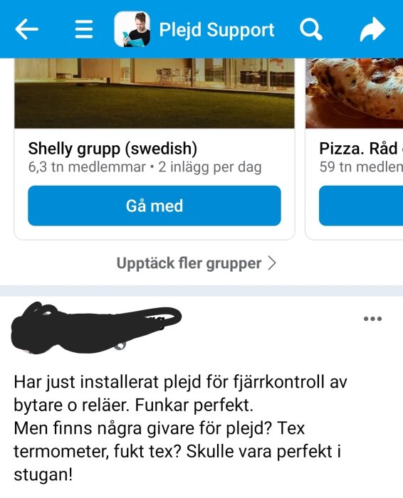 Skärmklipp av Facebook-grupper; diskussion om smart hem-enheter, referens till Plejd-produkter, medlemsantal, dagliga inlägg.