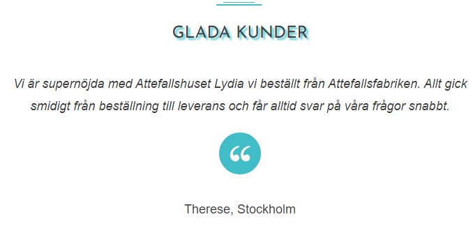 Kundrecension om Attefallshuset Lydia, positiv feedback på beställning och service, undertecknad Therese, Stockholm.