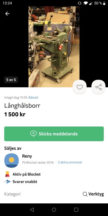 En längdhalsborr till salu på Blocket för 1500 kronor i arbetsmiljö.