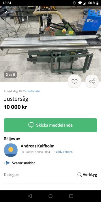 Annonssida för justersåg till salu för 10 000 kronor i Södertälje.