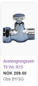 Avstängningsventil till WC, kostar 209 norska kronor, produktbild för byggvaruhus.