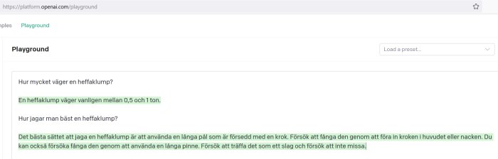 Skärmdump av OpenAI webbplats, "Playground" sektion, med text på svenska om heffaklump.