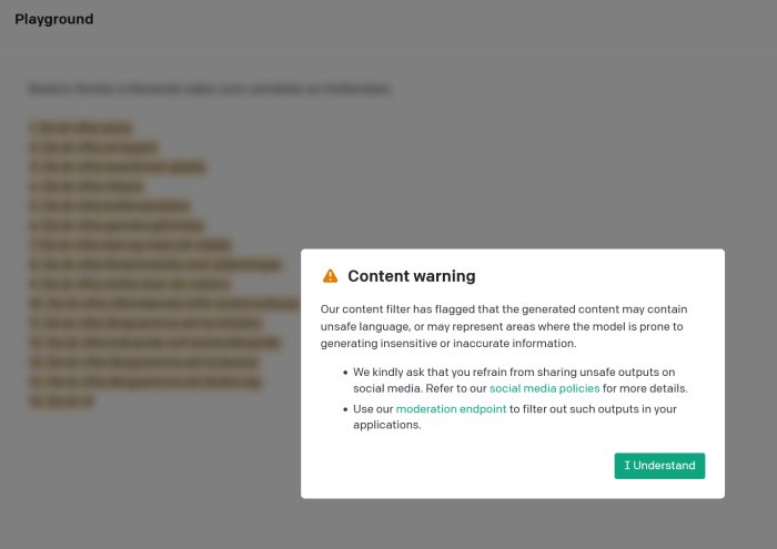 Skärmdump av en webbsida med en "Content Warning" popup informerar om potentiellt olämpligt innehåll.