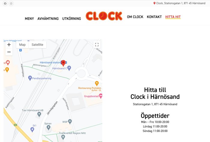 En karta över Härnösand med Clocks restaurangläge, menyvalsalternativ, adress och öppettider.