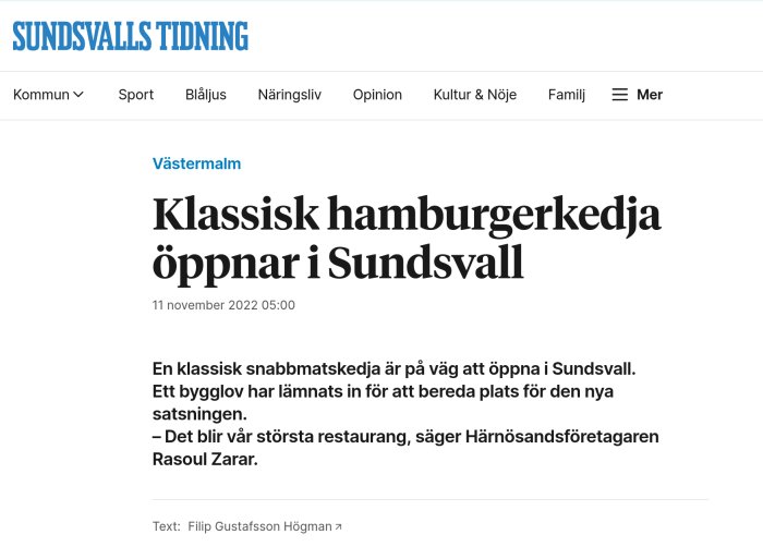 Artikel om planerad öppning av hamburgerkedja i Sundsvall, bygglov nämns, lokal företagare citeras.