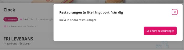 Matleveransapp, restaurang för långt bort, uppmanar att se andra restauranger, erbjuder fri leverans.