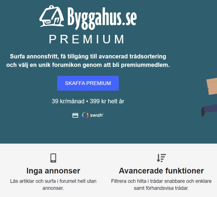 Webbsida erbjuder premiummedlemskap för annonsfri upplevelse och förbättrade funktioner, prisinformation och Swish-betalning presenteras.