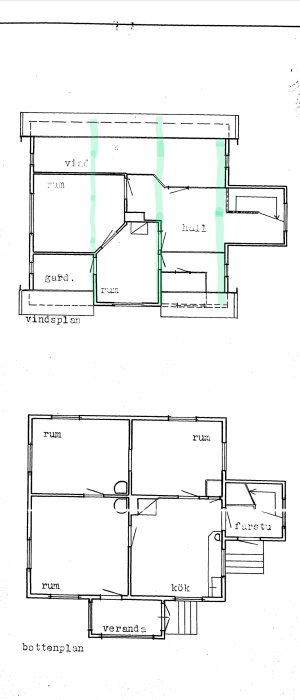 Arkitektoniska ritningar av två våningsplan, bottenvåning och vind, för ett hus med rum och kök.