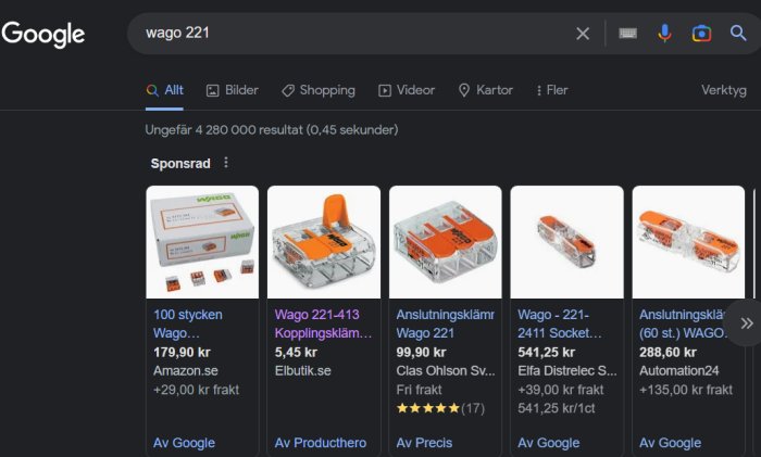 Skärmdump av Google Shopping-sökresultat för "wago 221" visar elanslutningsklämmor och priser.