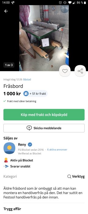 Äldre fräsbord till salu, ombyggt för handöverfräs, grön bas, metallskiva, sladd hänger, 1000 kr.