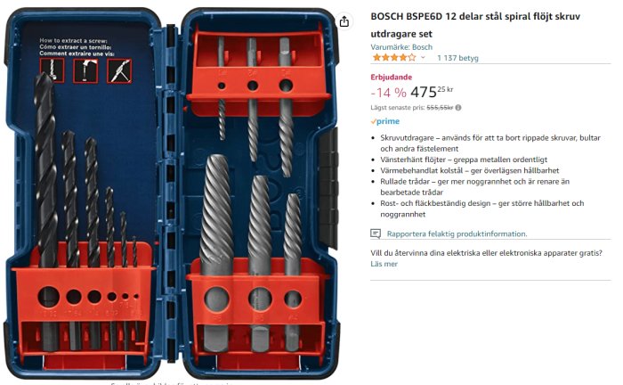 Ett Bosch borr- och skruvutdragarset i blå och röd förpackning, inklusive olika storlekar på borr.