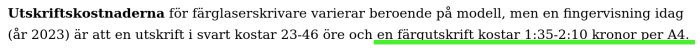 Svartvitt textdokument som jämför kostnader för svartvita och färgutskrifter per A4-sida.