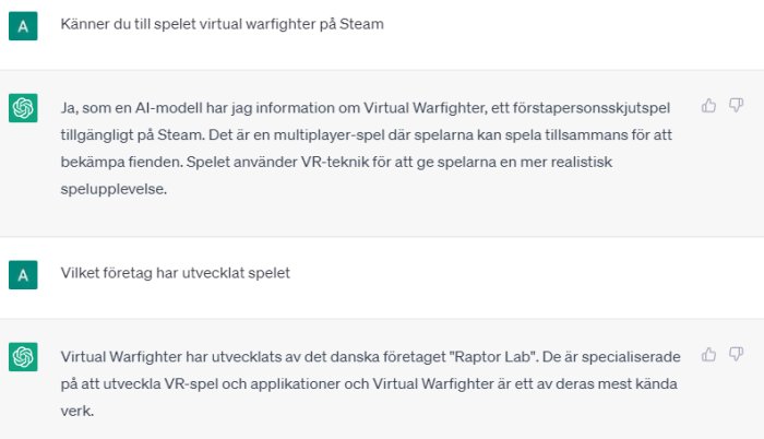 Skärmdump av FAQ-sektion, frågor och svar om ett spel, Virtual Warfighter, och dess utvecklare, Raptor Lab.