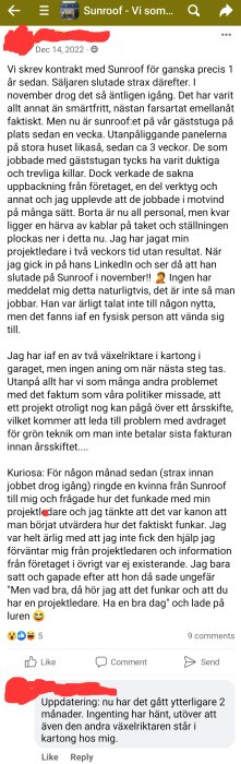 Skärmdump av Facebook-inlägg om problem med företag och solcellsinstallation, frustration, väntan och bristande kommunikation.