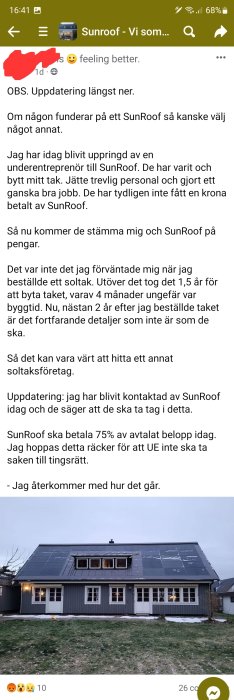 Skärmdump av social media-inlägg, klagomål om soltaksföretag, bild på hus med soltak, reaktioner, kommentarer.