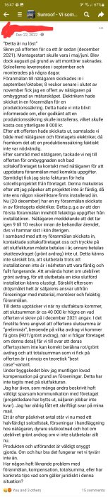 Skärmdump av en text där någon beskriver problem med installation av solceller och relaterade kundservicebekymmer, inklusive ekonomiska och tekniska problem.