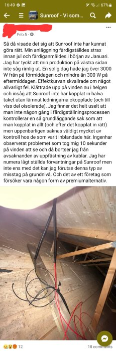 Bild på okopplade kablar på vind, inlägg om missnöje med solcellsanläggning, missnöjd kund.