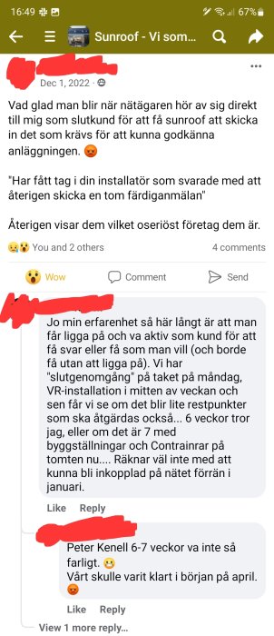 Skärmdump från sociala medier diskuterar missnöje med solenergiföretagets tjänster och försenade installationer.