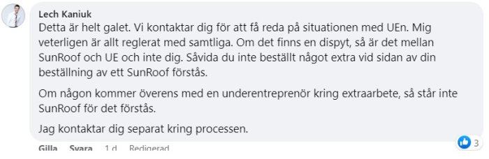 Skärmdump av ett Facebook-inlägg med text, en person som uttrycker frustration, diskuterar en affärsöverenskommelse.