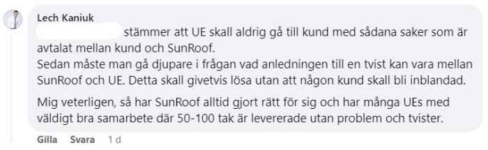 Skärmdump av en kommentar på sociala medier om SunRoof, kundrelationer och samarbete med UE.