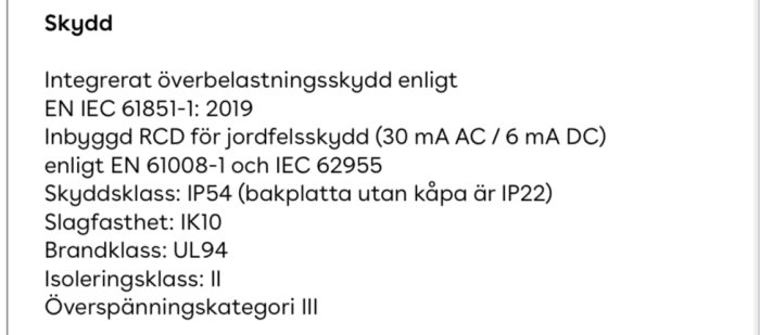 Teknisk specifikation för skyddsfunktioner, inklusive överbelastningsskydd, IP-klass, isoleringsklass och brandskyddsklass.