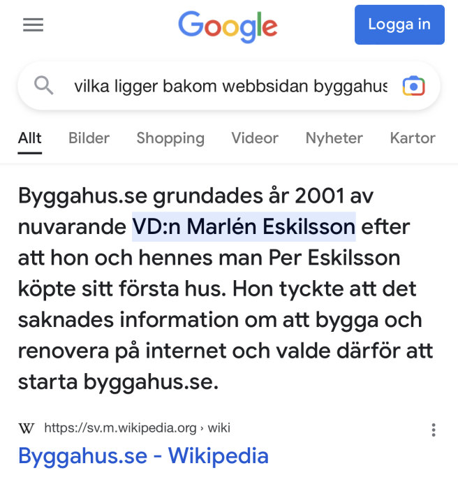 En Google-sökningssida, sökterm otydlig, textklipp om Bygghus.se's grundande, Wikipedia-länk synlig.