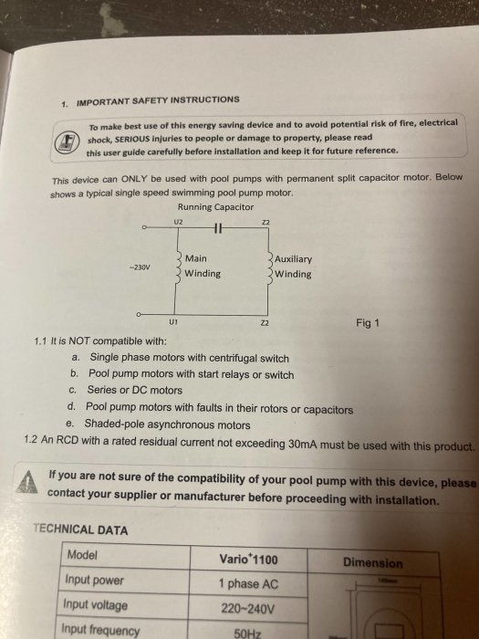 Säkerhetsinstruktioner, kompatibilitetsvarningar, energisparande enhet, teknisk data, pool pumpmotor, installationsguide.