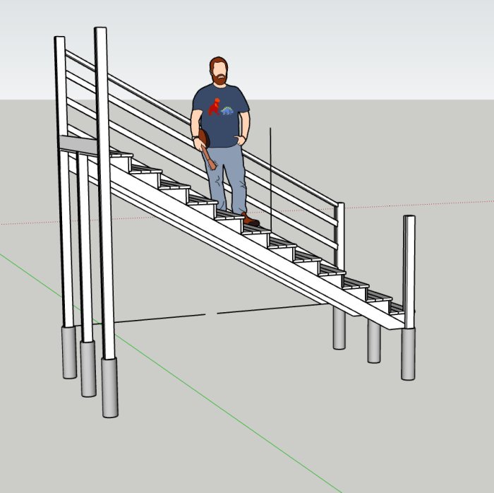 3D-modellerad person på trappa inuti ett pågående byggprojekt eller ritningsmodell.