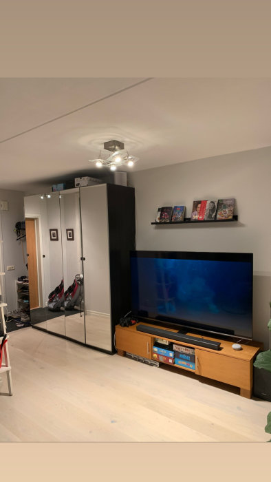 Modernt vardagsrum med TV, hylla med spel, reflekterande garderob och vita väggar.