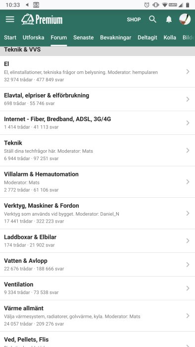 Skärmdump av ett svenskspråkigt forum, kategorier om teknik, el, internet, fordon, värme.