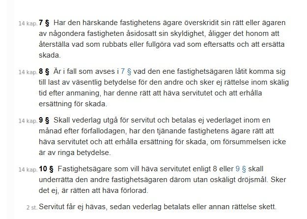 Text om servitut och fastighetsägares ansvar och rättigheter, avsnitt med lagtext.