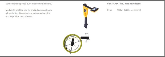 Sondkamera med display och spole, för att följa ledningar eller rör i väggar och marker.