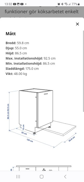 Teknisk illustration av köksapparat med måttangivelser: bredd, djup, höjd, installationshöjd, sladdlängd, vikt.