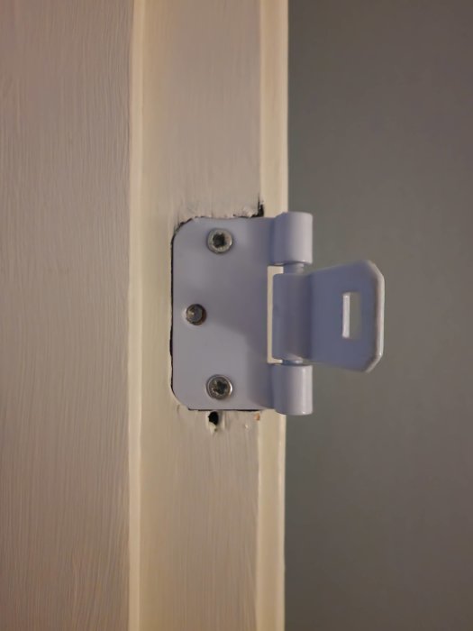 Grå dörrförregling monterad på en vit träkarm, med öppen spärr, närbild.