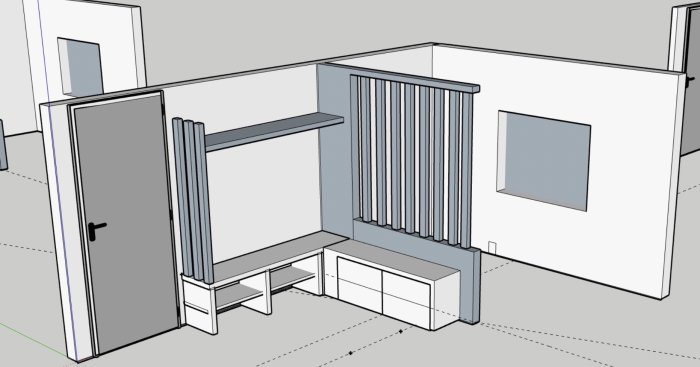 3D-modell av ett rum med möbler, fönster, dörr och bänk. Sketch-stil.