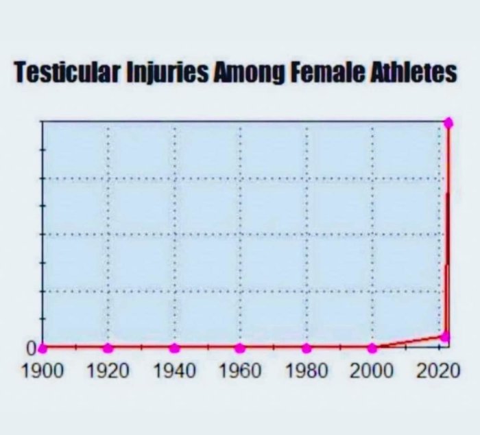 Datumöver tid, diagram med titeln "Testicular Injuries Among Female Athletes", konsekvent nollskadestatistik, humoristisk inkonsekvens.