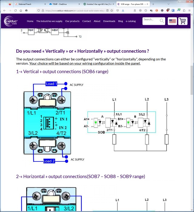 Webbsida med diagram och text, diskuterar vertikala och horisontella utgångsanslutningar för reläer.