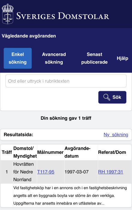 Skärmdump, Sveriges Domstolar hemsida, sökresultat för juridiskt ärende, blåvitt färgschema, navigationsalternativ.