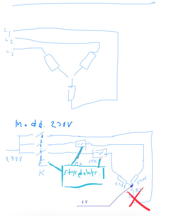 Abstrakt, handritad skiss som verkar visa elektriska kretsar eller diagram med text och siffror, otydlig och informell.