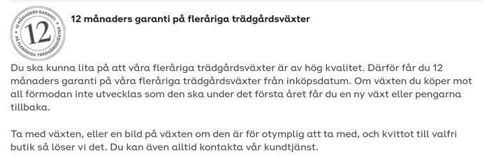 Information om 12 månaders garanti för fleråriga trädgårdsväxter, hög kvalitet, ny växt eller pengarna tillbaka.