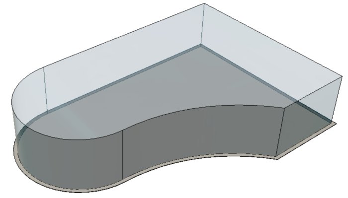 Transparent CAD-modell av en böjd kanal eller ränna med rektangulär sektion och genomskärningar.